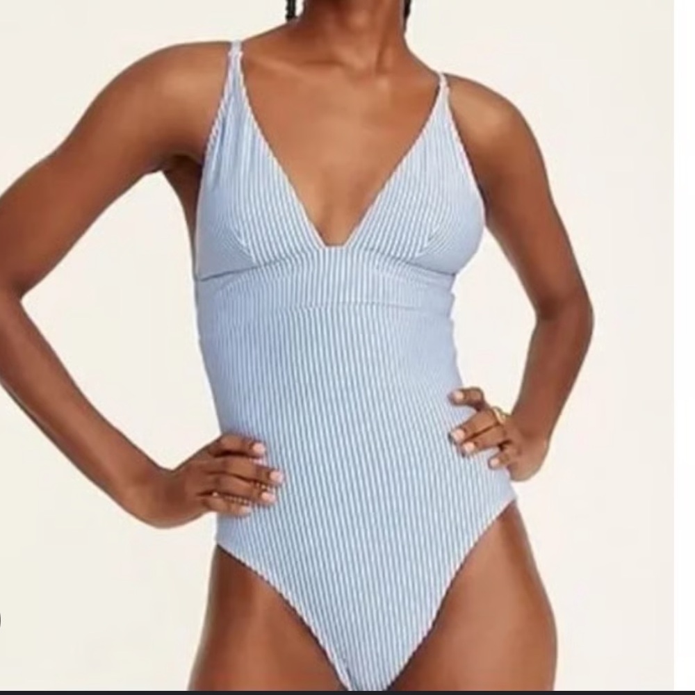 J.Crew Striped Seersucker Plunge One-Piece Swimsuit Blue White Size 22